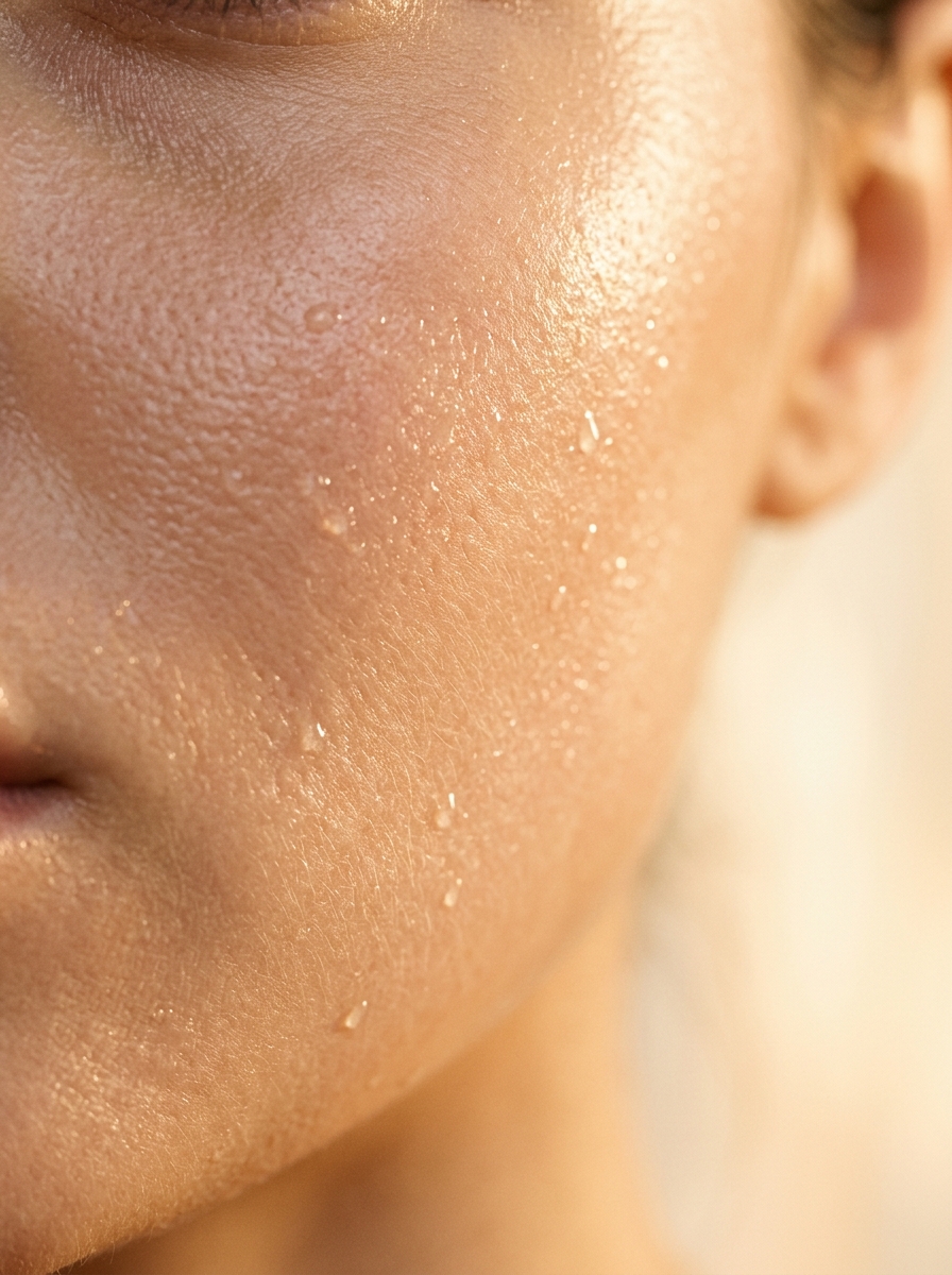 Close-up of dewy, glowing, hydrated skin
