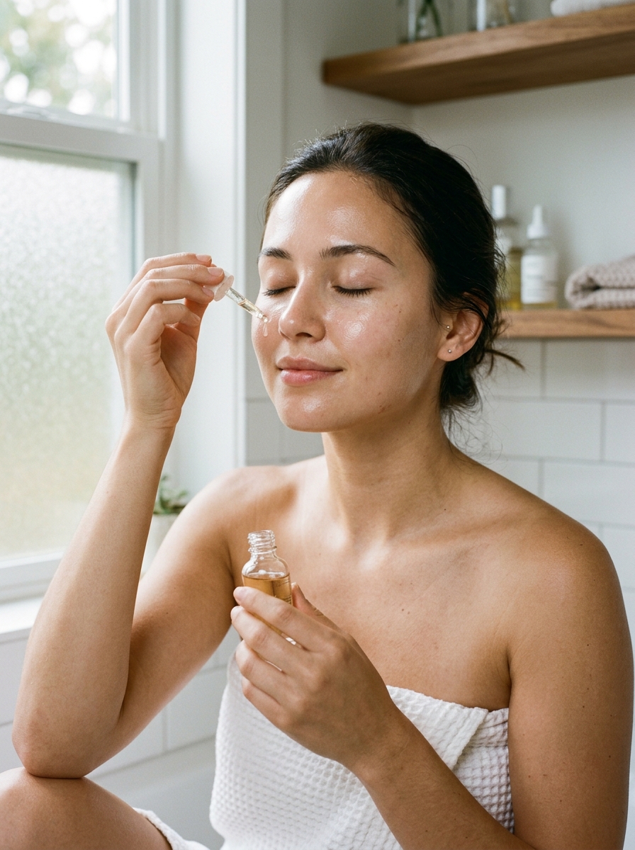Applying copper peptide serum to glowing skin