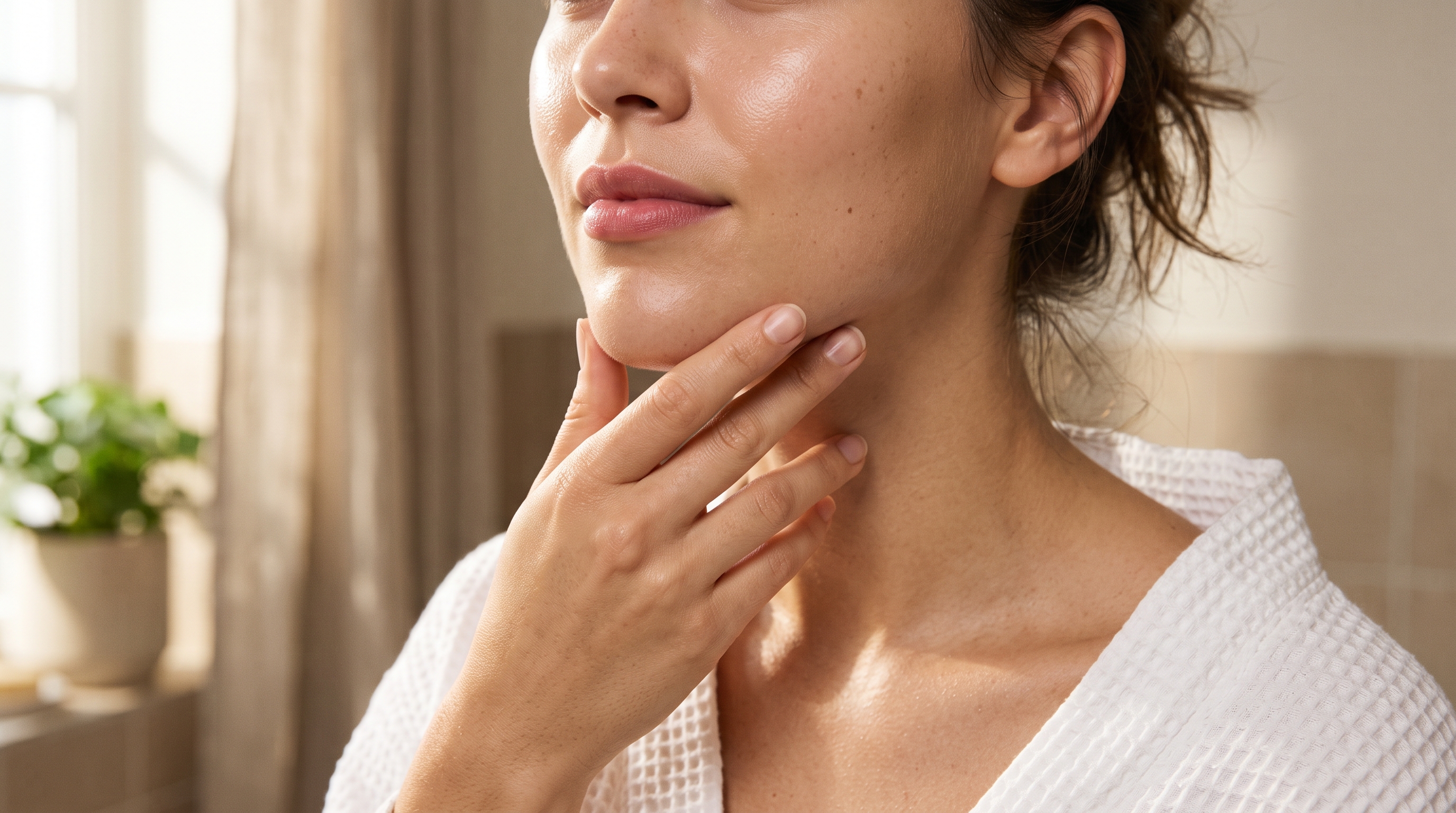 Person touching smooth, clear, glowing skin